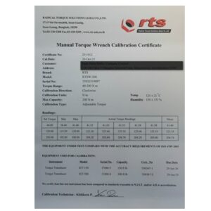 Wrench Torque Calibration Certificate